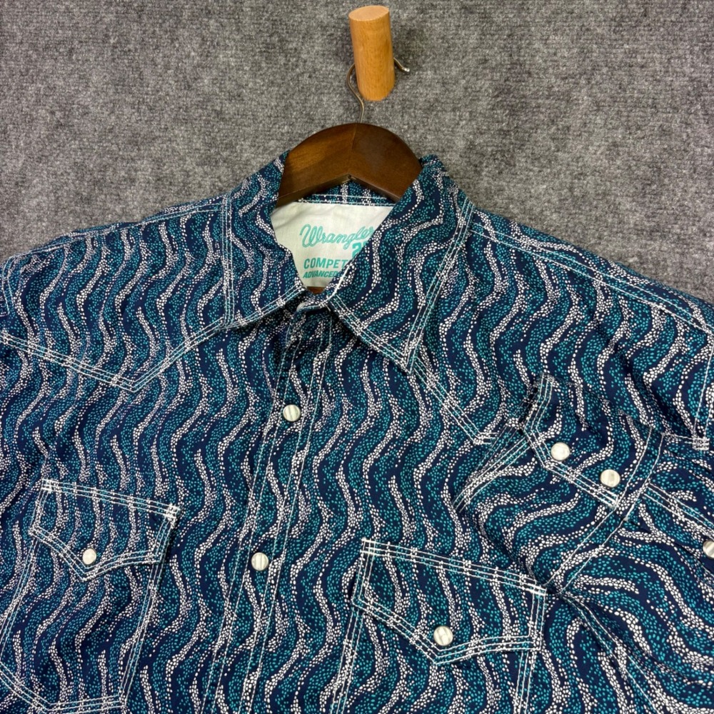 Wrangler 20X Competition Shirt Mens XL Blue Wavy Print Western Pearl Snap 0611